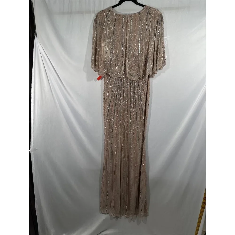 NWT $698 Mac Duggal [ 4 ] Sequined V-Neck Cape Sleeve‎ Column Gown Rose #G1859